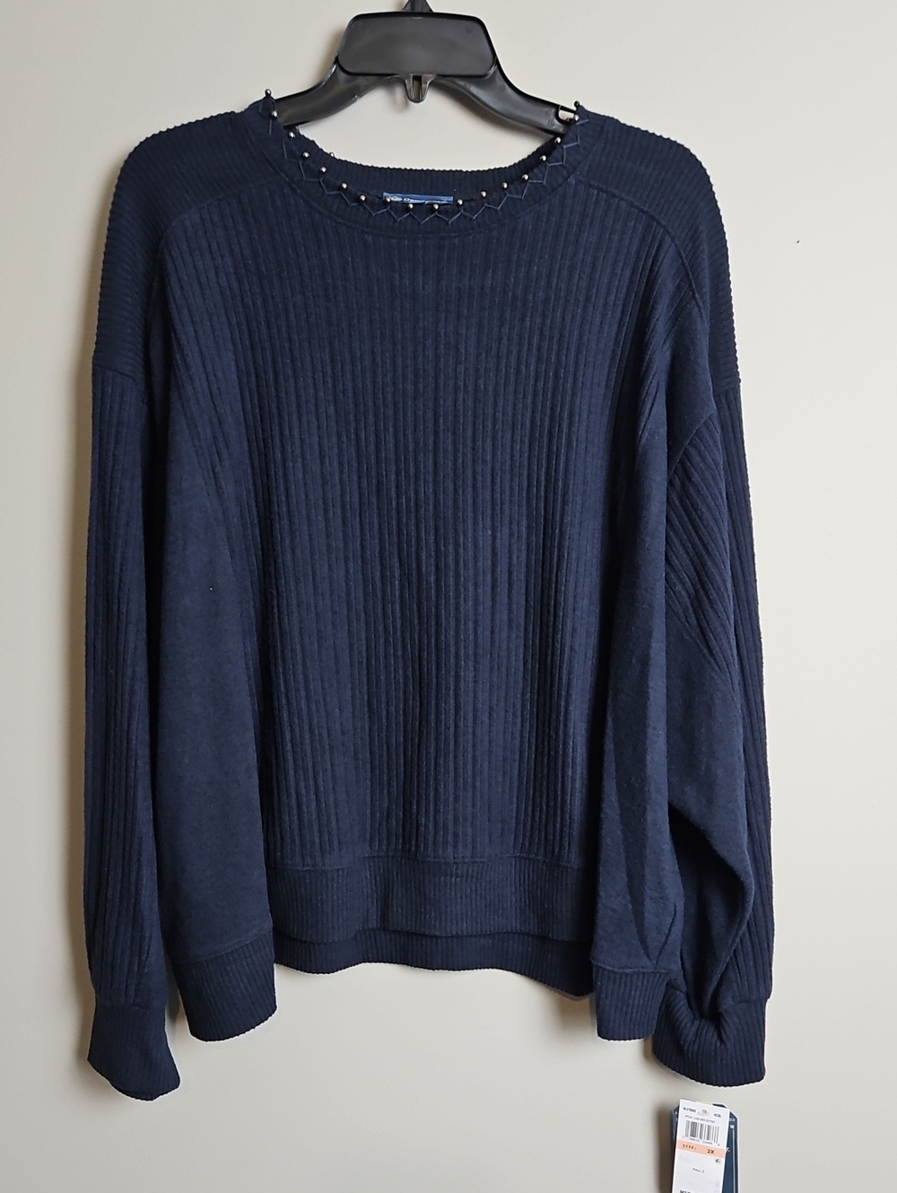 Democracy Long Sleeve Pearl CrewNeck Detail Top: Color- Heather Blue: Size- 2X